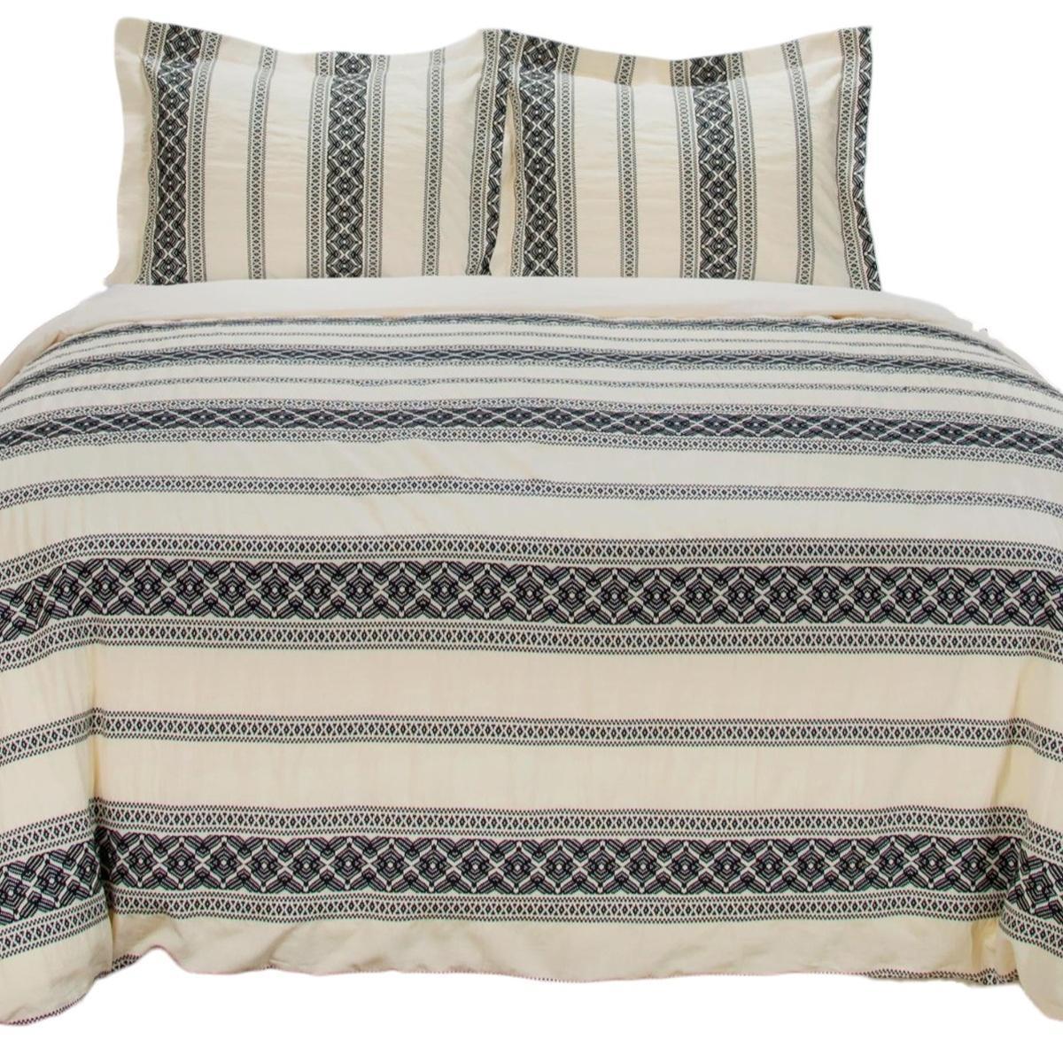 Black And Ivory Queen Cotton Washable Polyester Duvet Cover Set With Two Shams - Bed & Bath