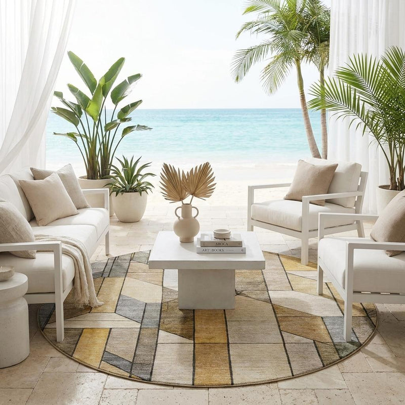 Round geometric area rug in beige, tan, and gray placed on floor in outdoor setting