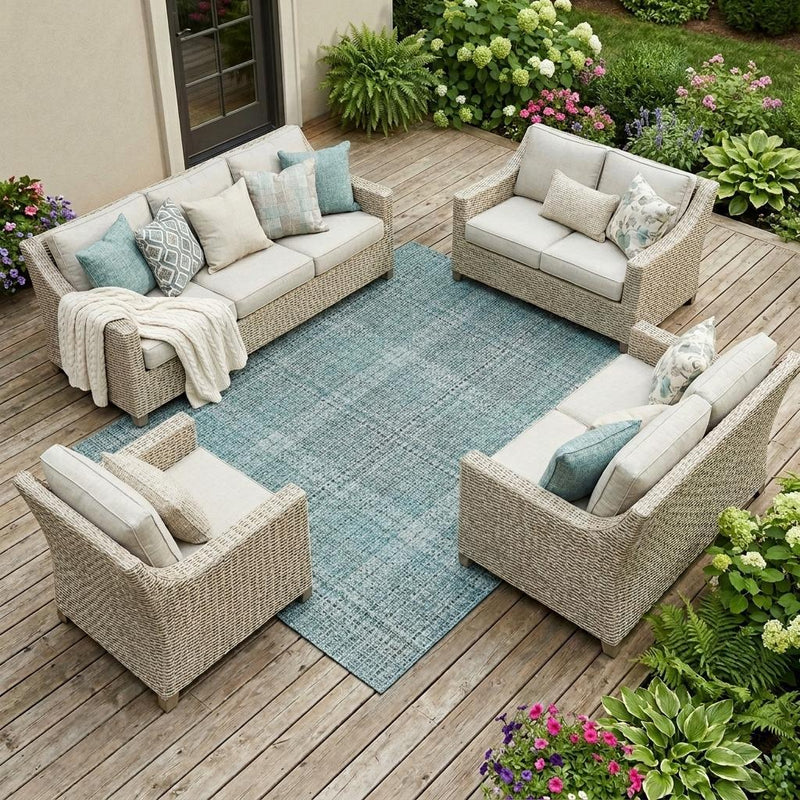 Teal blue and silver plaid area rug laid flat on a deck
