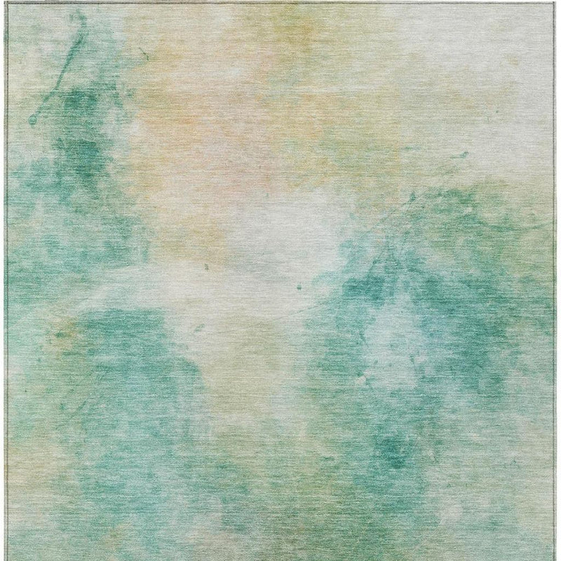 Rectangular abstract area rug panel with aqua and teal wash on light beige background.
