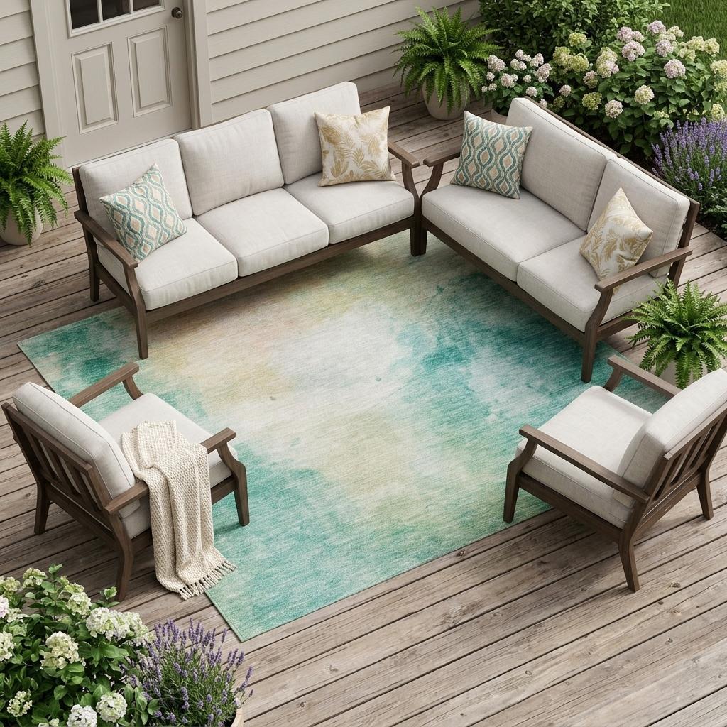 8' X 10' Aqua And Teal Blue Abstract Washable Indoor Outdoor Area Rug - Sports & Outdoor