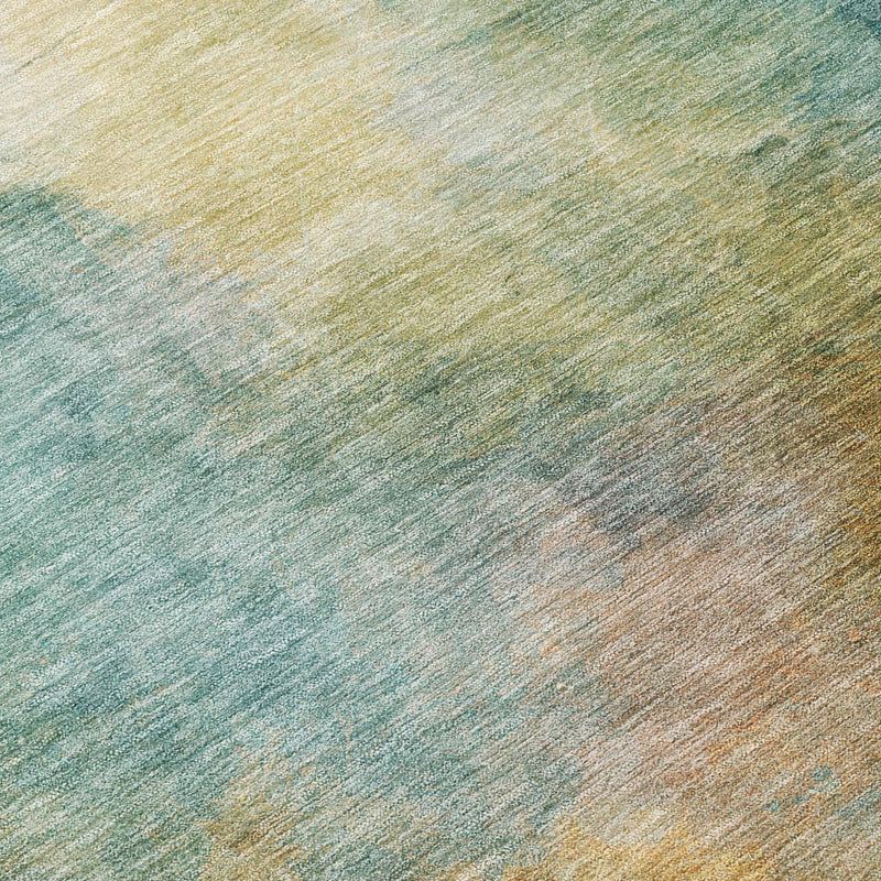 Abstract rug close-up texture with teal green and sandy peach strokes