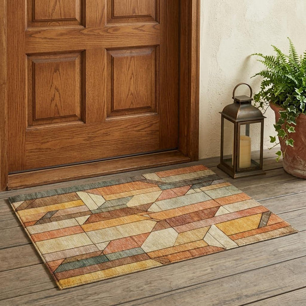 Geometric area rug with orange, copper, cream and gray block pattern