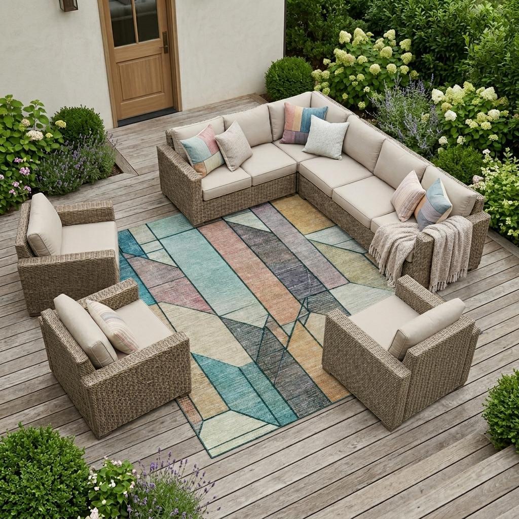 Teal, gray, and beige geometric area rug shown on outdoor patio flooring