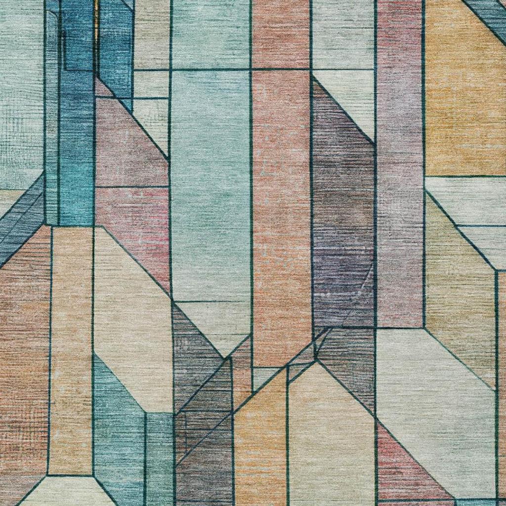 Teal blue and gray geometric area rug with layered cube-like block design