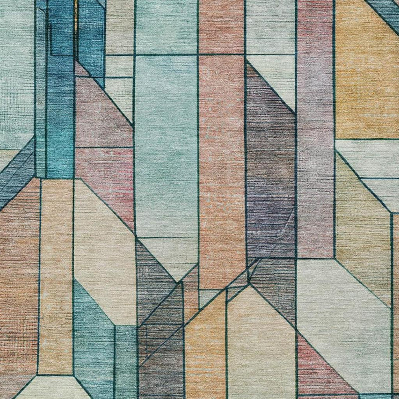 Teal blue and gray geometric area rug with layered cube-like block design