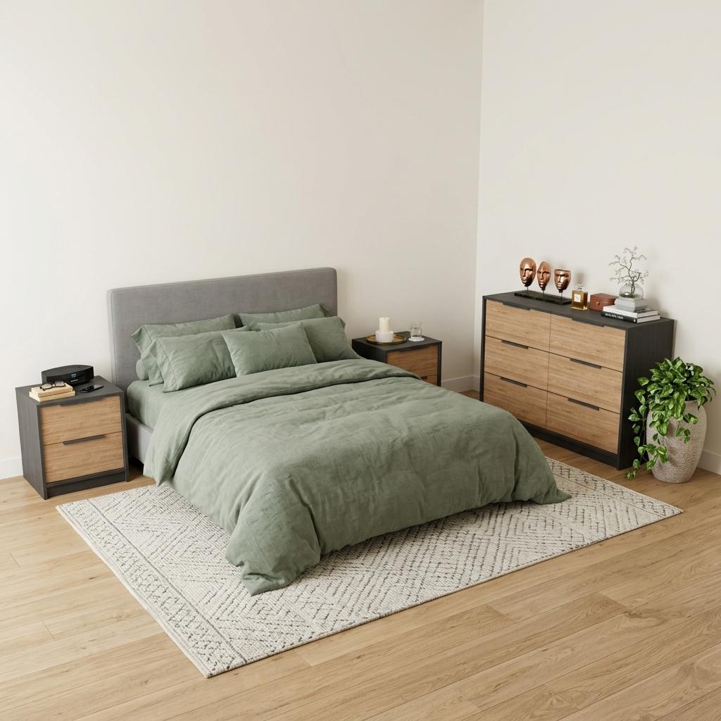 Bedroom set with bed, nightstand, and dresser in wood and black