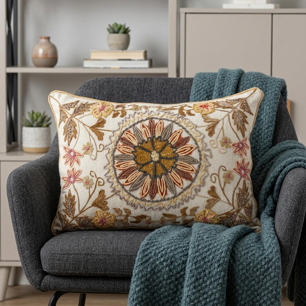 14" X 20" Beige Cotton Throw Pillow With Embroidery - Home & Garden