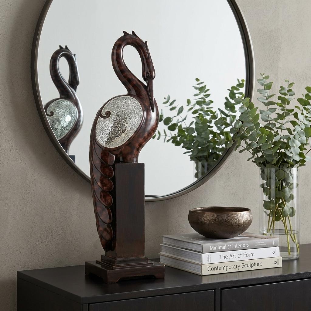 27" Marbleized Cherry Brown Polyresin Crane Figurine Sculpture - Home Decor