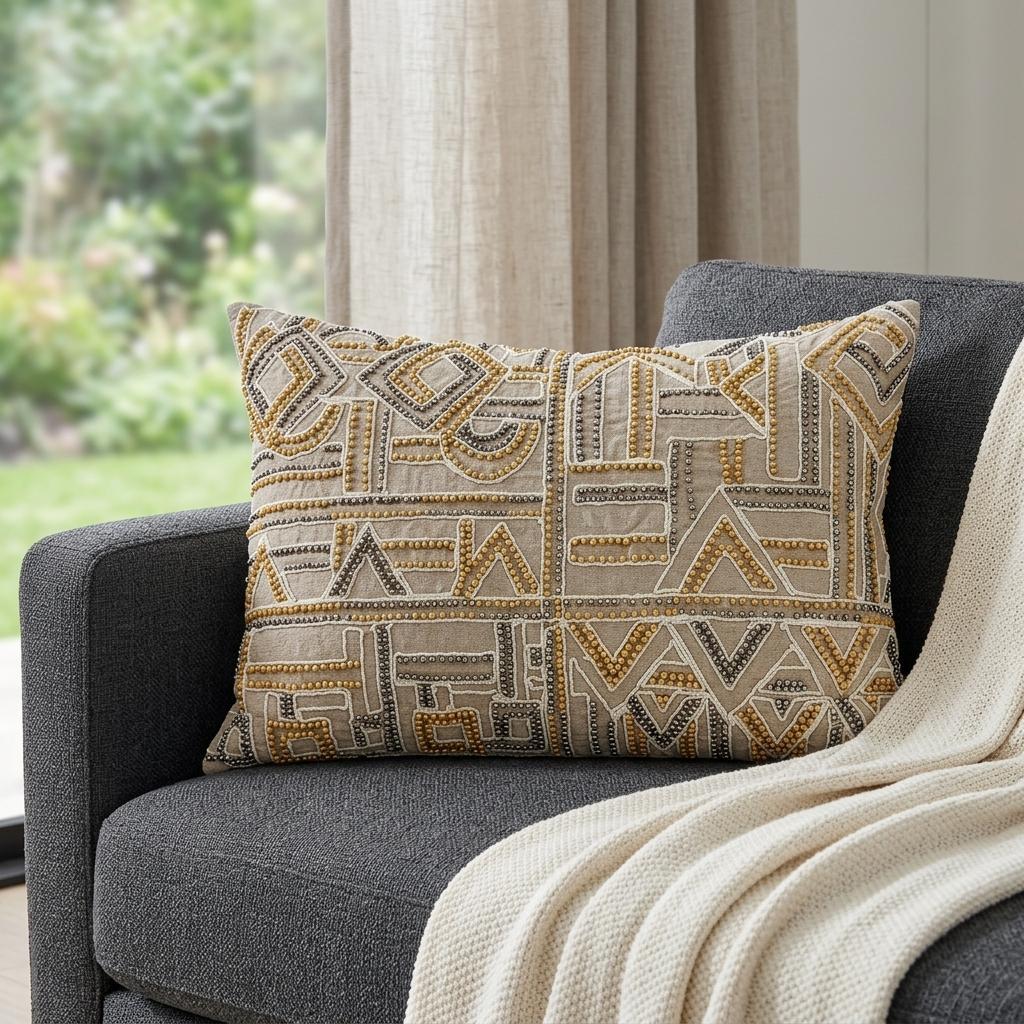 14" X 20" Beige Cotton Throw Pillow - Home & Garden