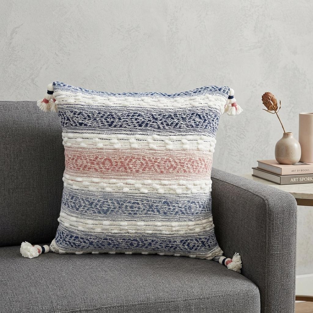 22" X 22" Blue And Peach Southwestern Stripe Handmade Throw Pillow With Tassels - Home Decor