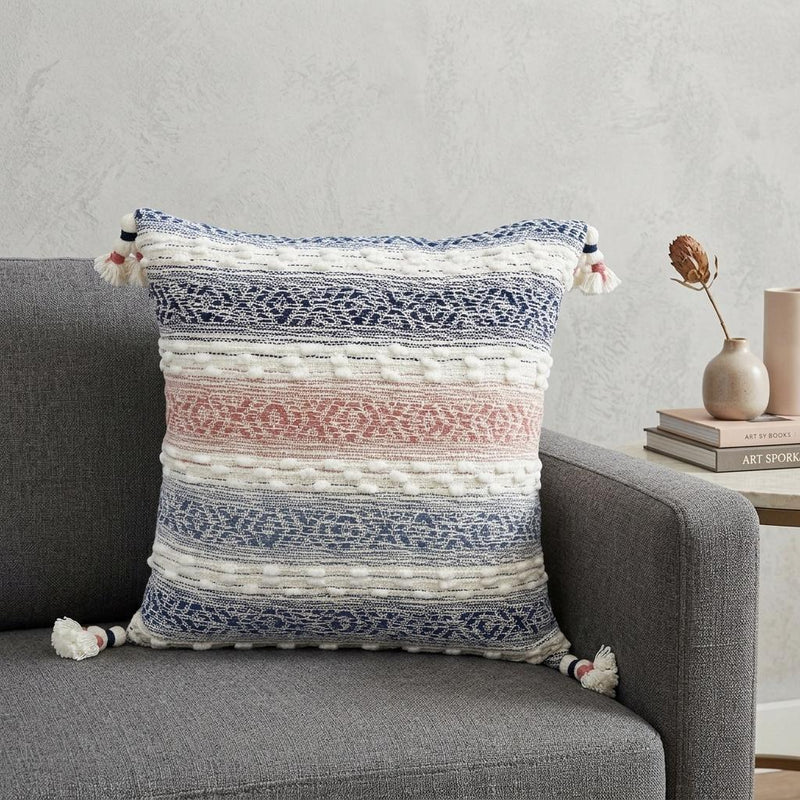 22" X 22" Blue And Peach Southwestern Stripe Handmade Throw Pillow With Tassels - Home Decor
