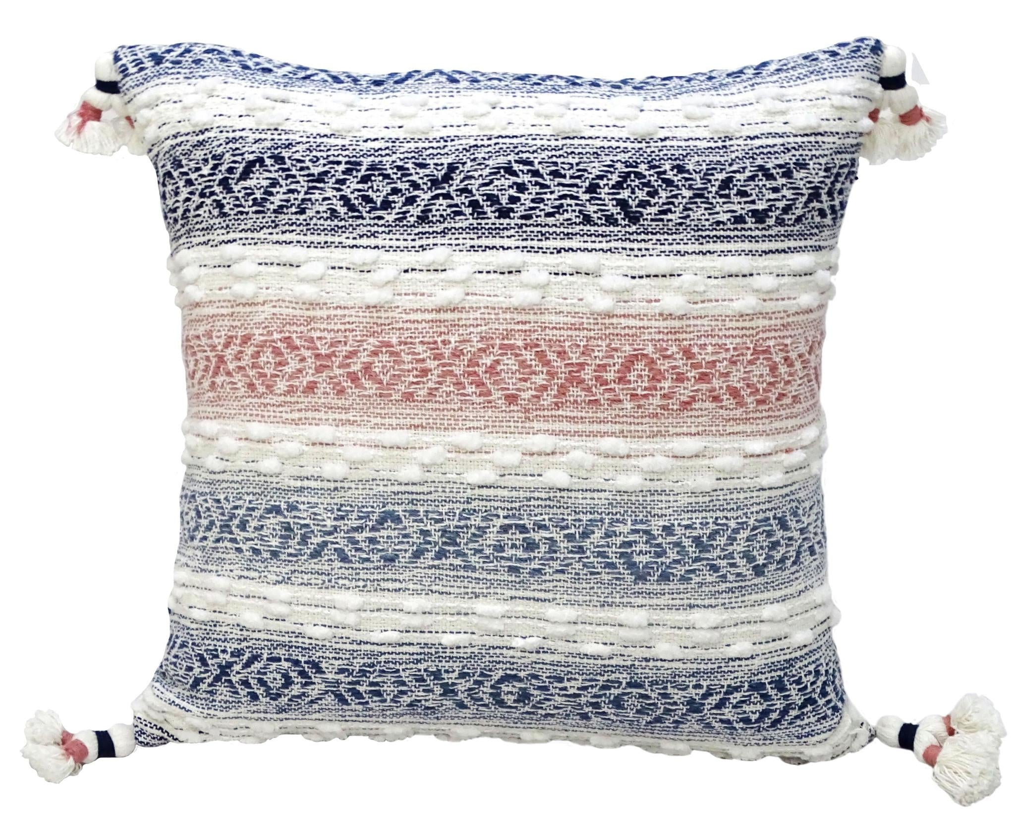 22" X 22" Blue And Peach Southwestern Stripe Handmade Throw Pillow With Tassels - Home Decor