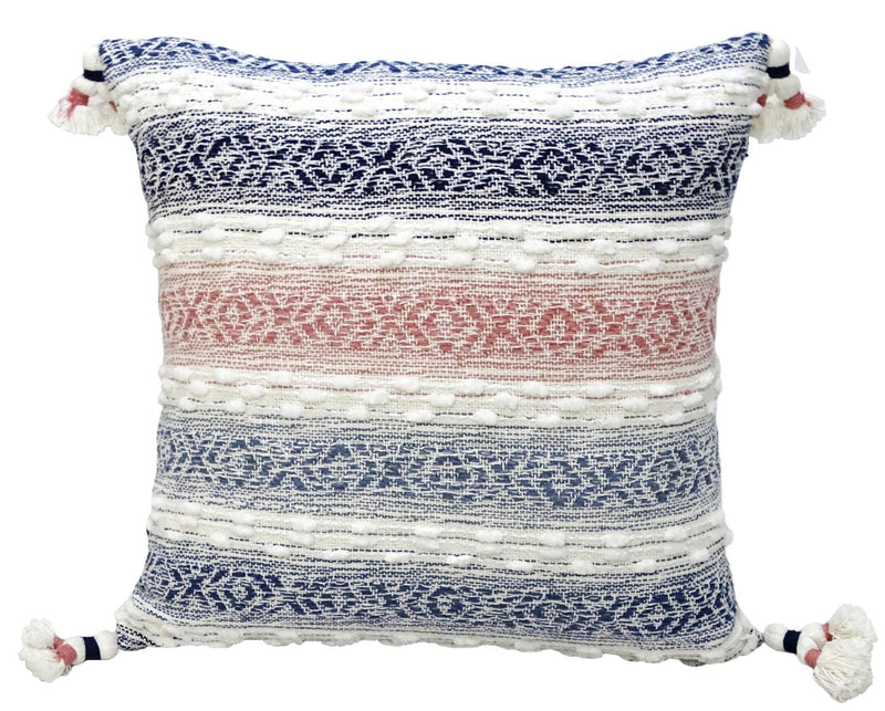 22" X 22" Blue And Peach Southwestern Stripe Handmade Throw Pillow With Tassels - Home Decor