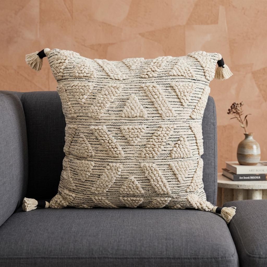 22" X 22" Off White Geometric Zippered Handmade Cotton Blend Throw Pillow With Tassels - Home Decor