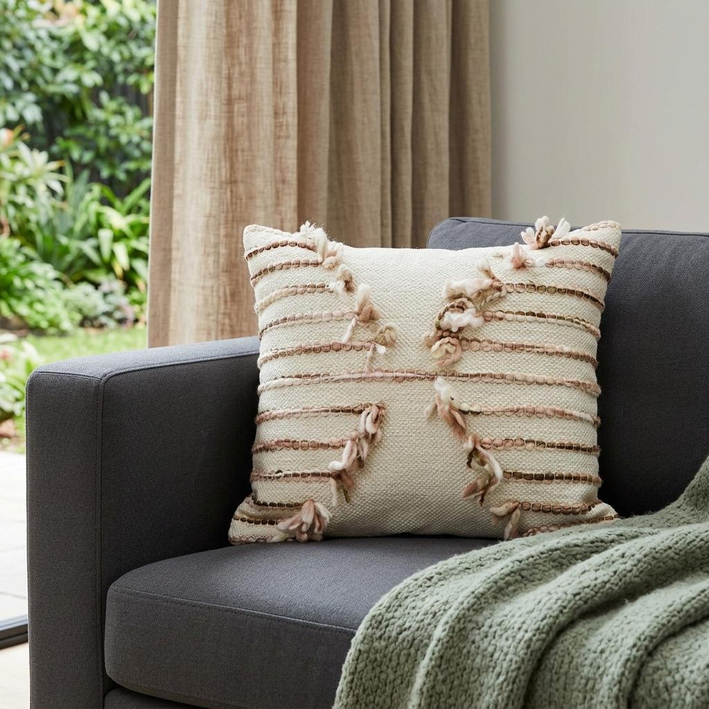 14" X 20" Tan And White Zippered Cotton Blend Geometric Throw Pillow With Pom-poms - Home Decor