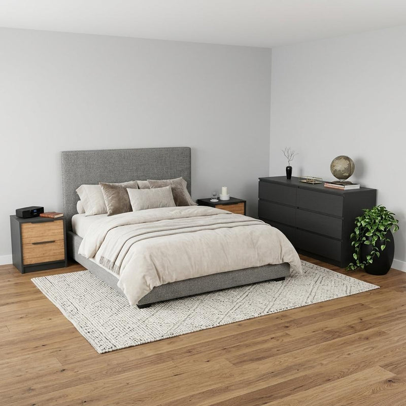 Bedroom set with bed, matching nightstand, and black-and-brown dresser