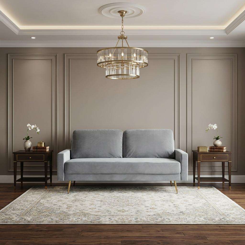 72" Gray Velvet Sofa With Brass Legs - Living Room
