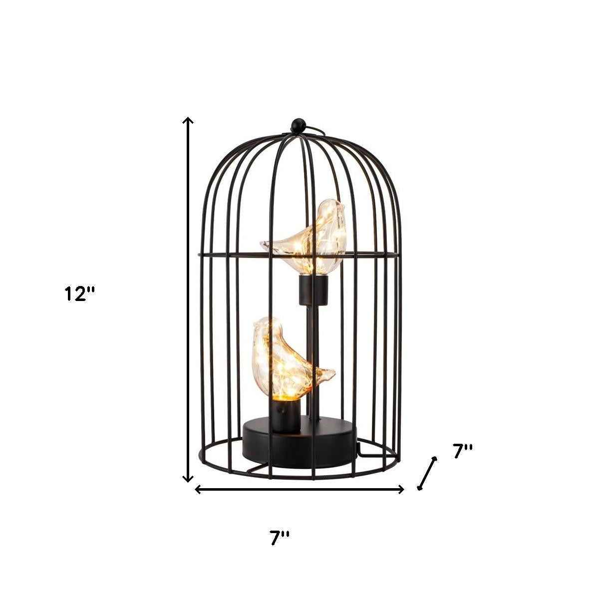 12" Black Battery Operated Round Lamp With Bird Cage Shade