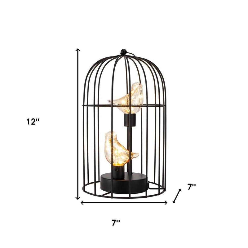 12" Black Battery Operated Round Lamp With Bird Cage Shade