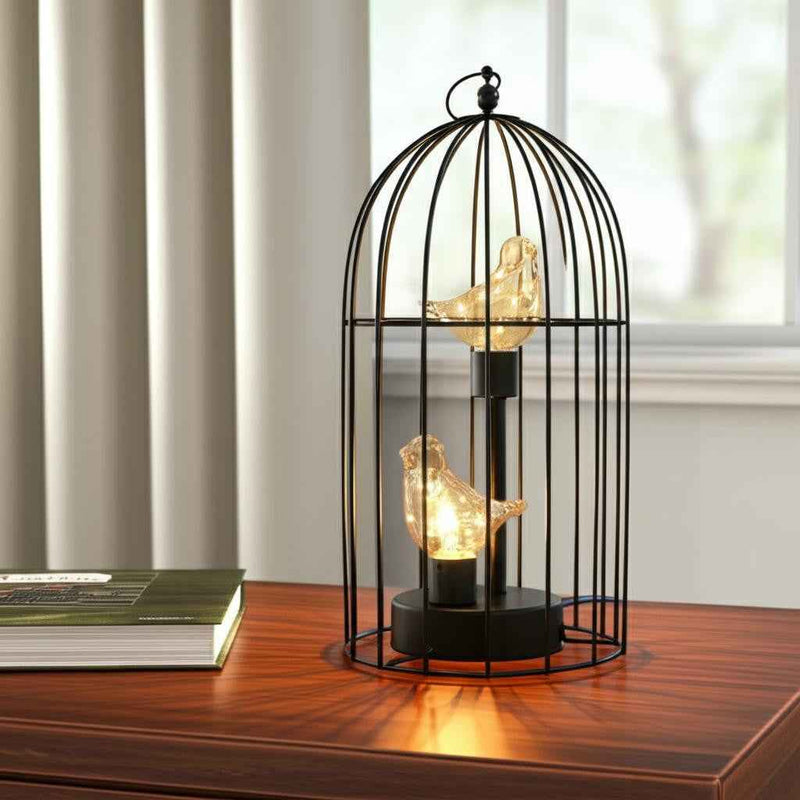 12" Black Battery Operated Round Lamp With Bird Cage Shade