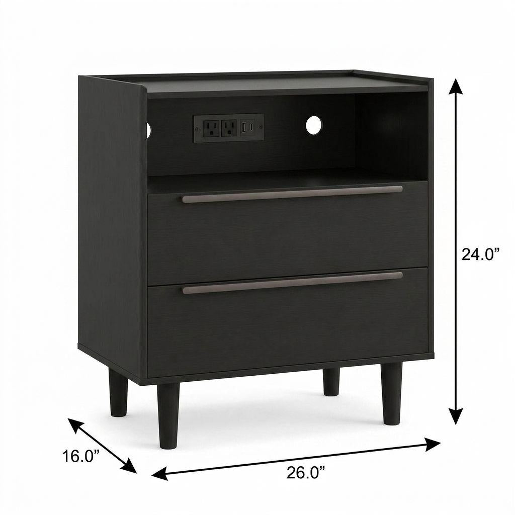 26" Black Wood Two Drawer Nightstand with USB Port and Integrated Tech - Bed & Bath