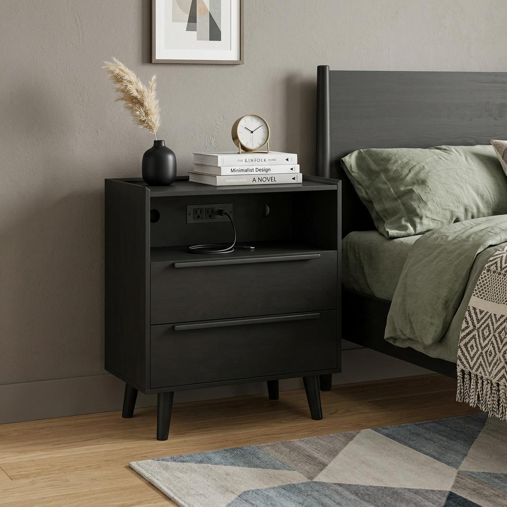26" Black Wood Two Drawer Nightstand with USB Port and Integrated Tech - Bed & Bath