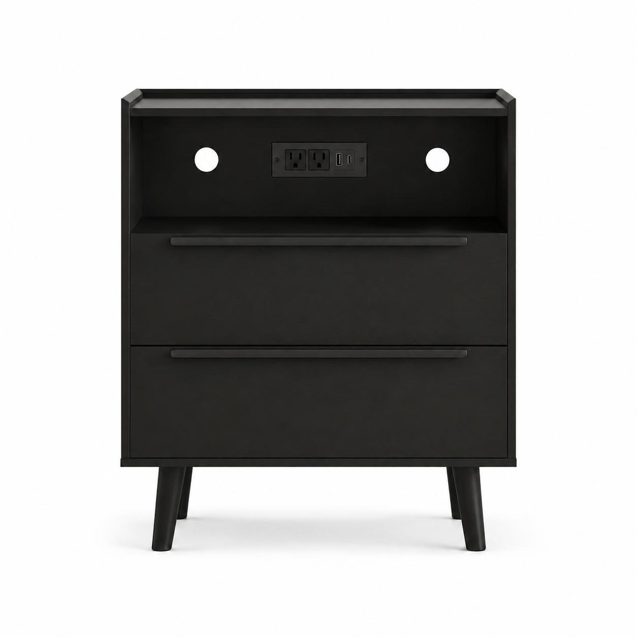 26" Black Wood Two Drawer Nightstand with USB Port and Integrated Tech - Bed & Bath