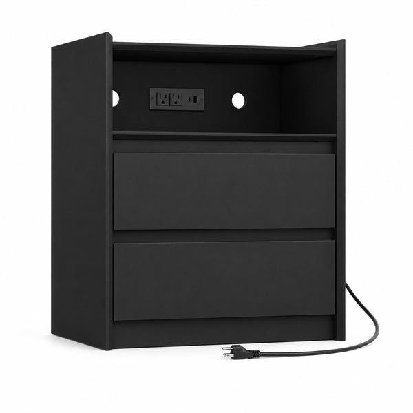 Black wood nightstand with two drawers and top charging outlet/USB port