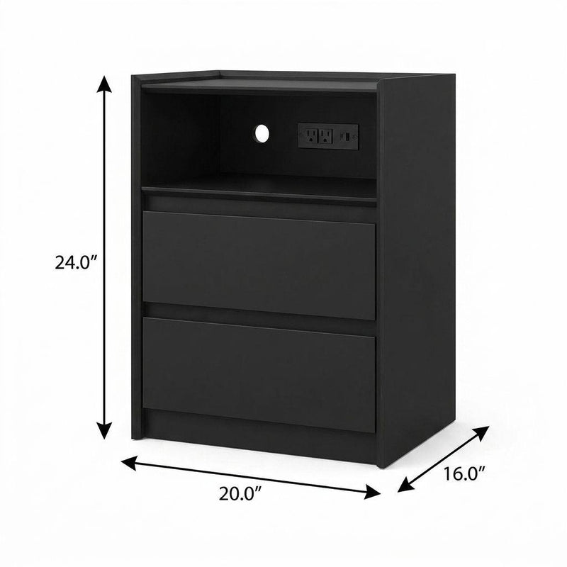 Black two-drawer nightstand with built-in electrical outlet/charging panel on top