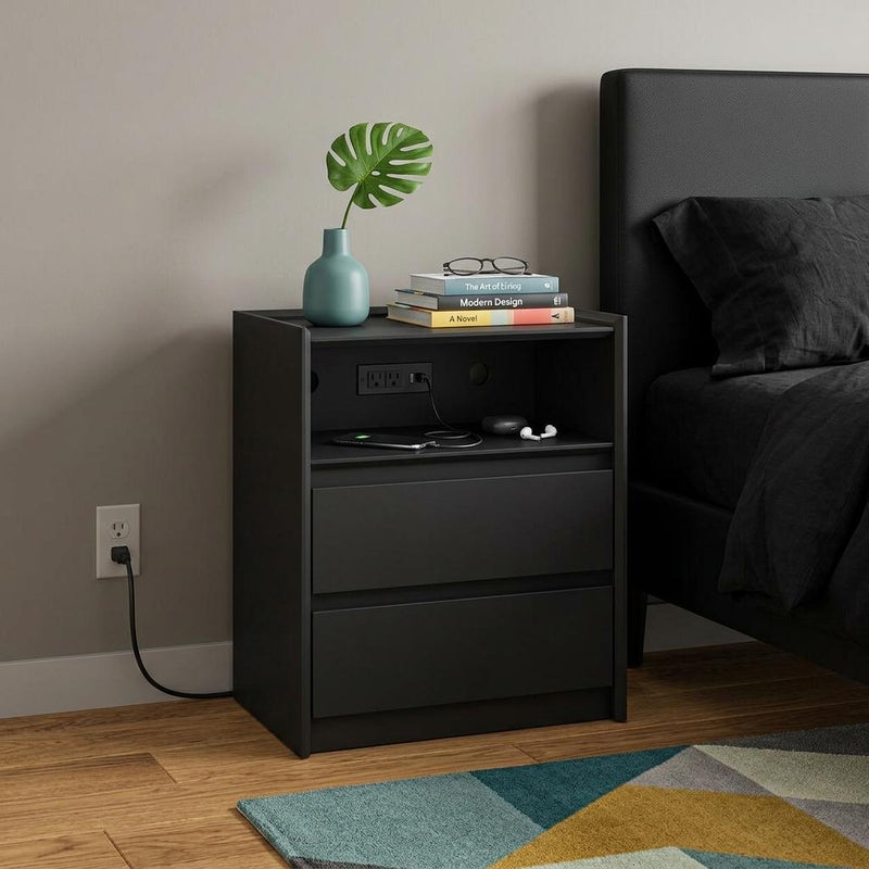 Black two-drawer nightstand with open shelf and top charging panel