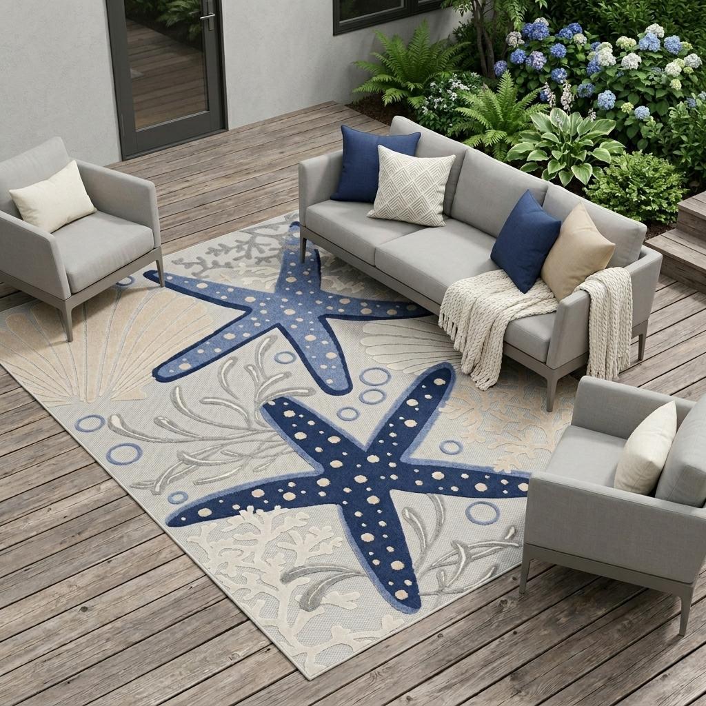 10' X 13' Blue And Gray Starfish Indoor Outdoor Area Rug - Outdoor