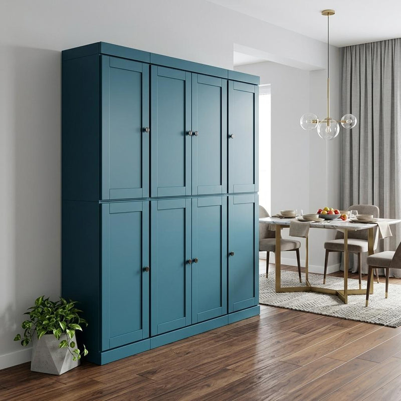 Teal blue pantry storage cabinet with multiple doors, solid wood
