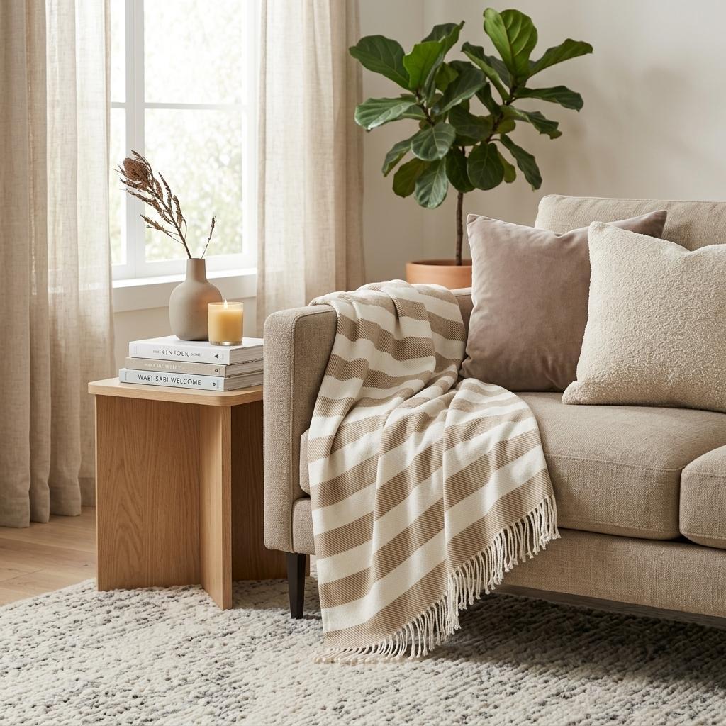 Cream and Stone Slanted Stripe Fringed Throw Blanket - Home Decor