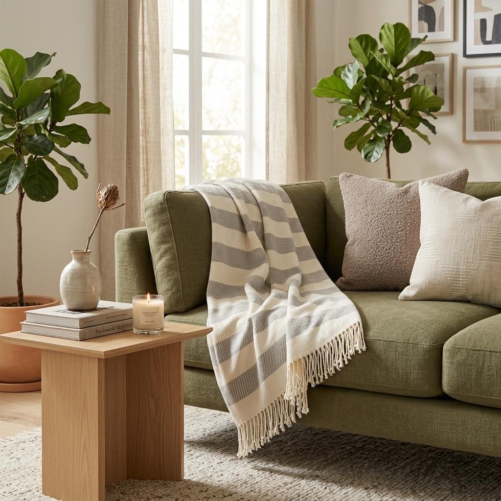 Cream and Gray Slanted Stripe Fringed Throw Blanket - Home Decor