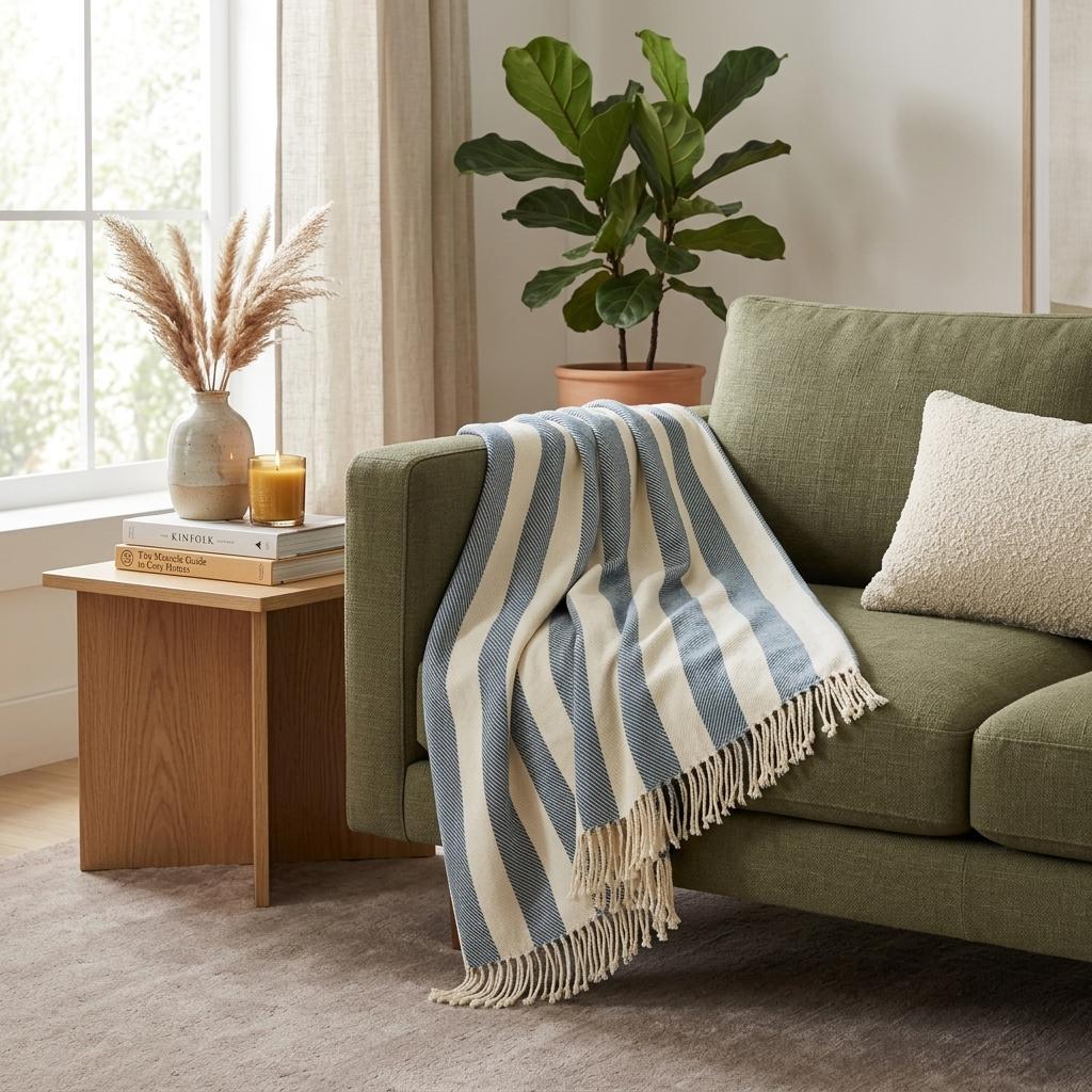 Cream and Slate Slanted Stripe Fringed Throw Blanket - Home Decor