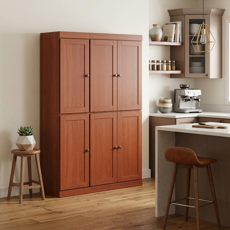 Brown solid wood storage cabinet with six doors and round knobs, tall pantry unit