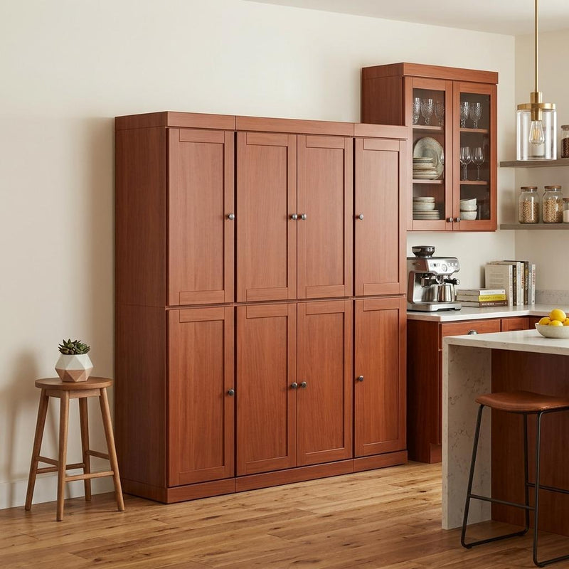 Brown wood pantry storage cabinet with paneled door fronts and knob hardware