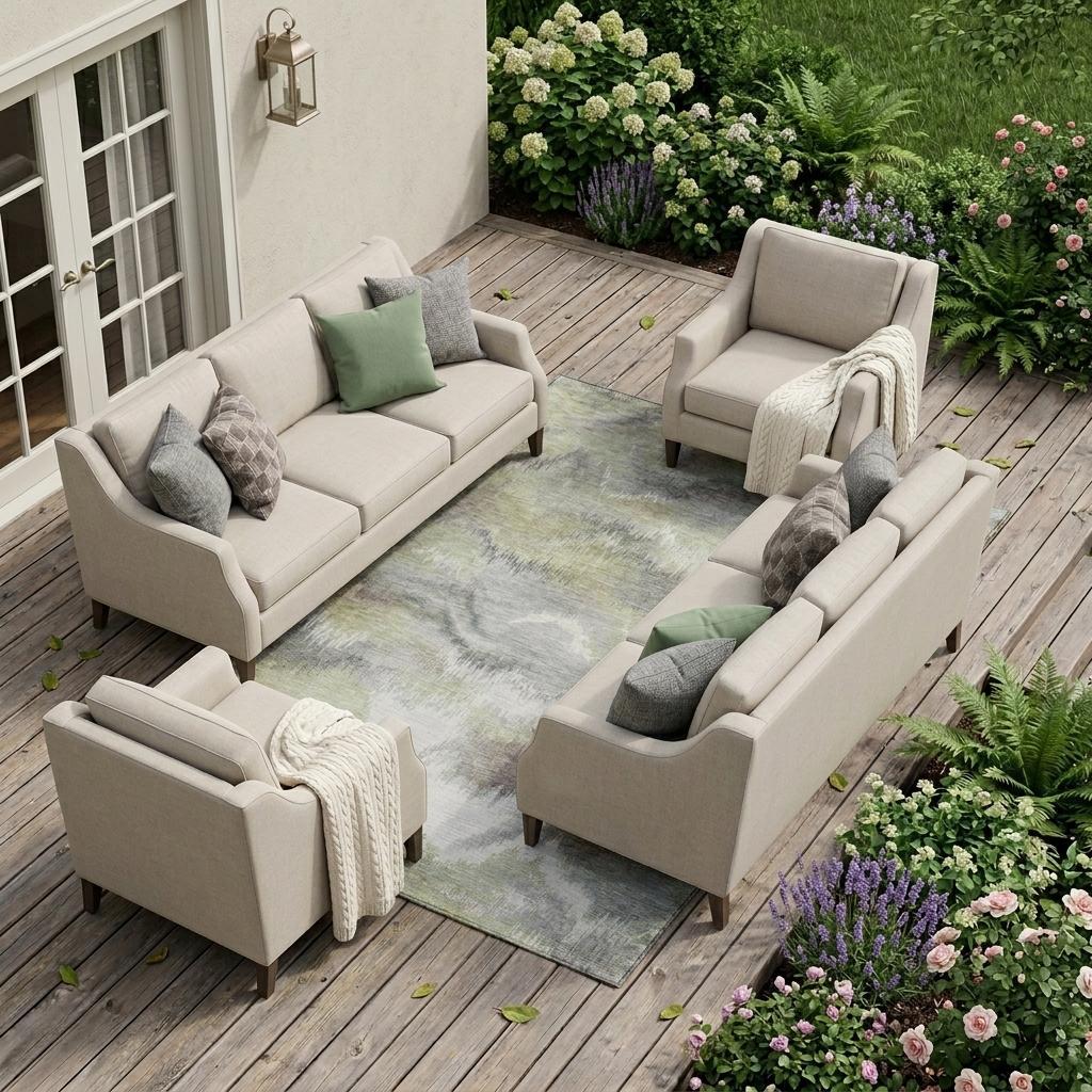 Abstract area rug with washed pattern in green, ivory, and gray, outdoor-ready bound edges
