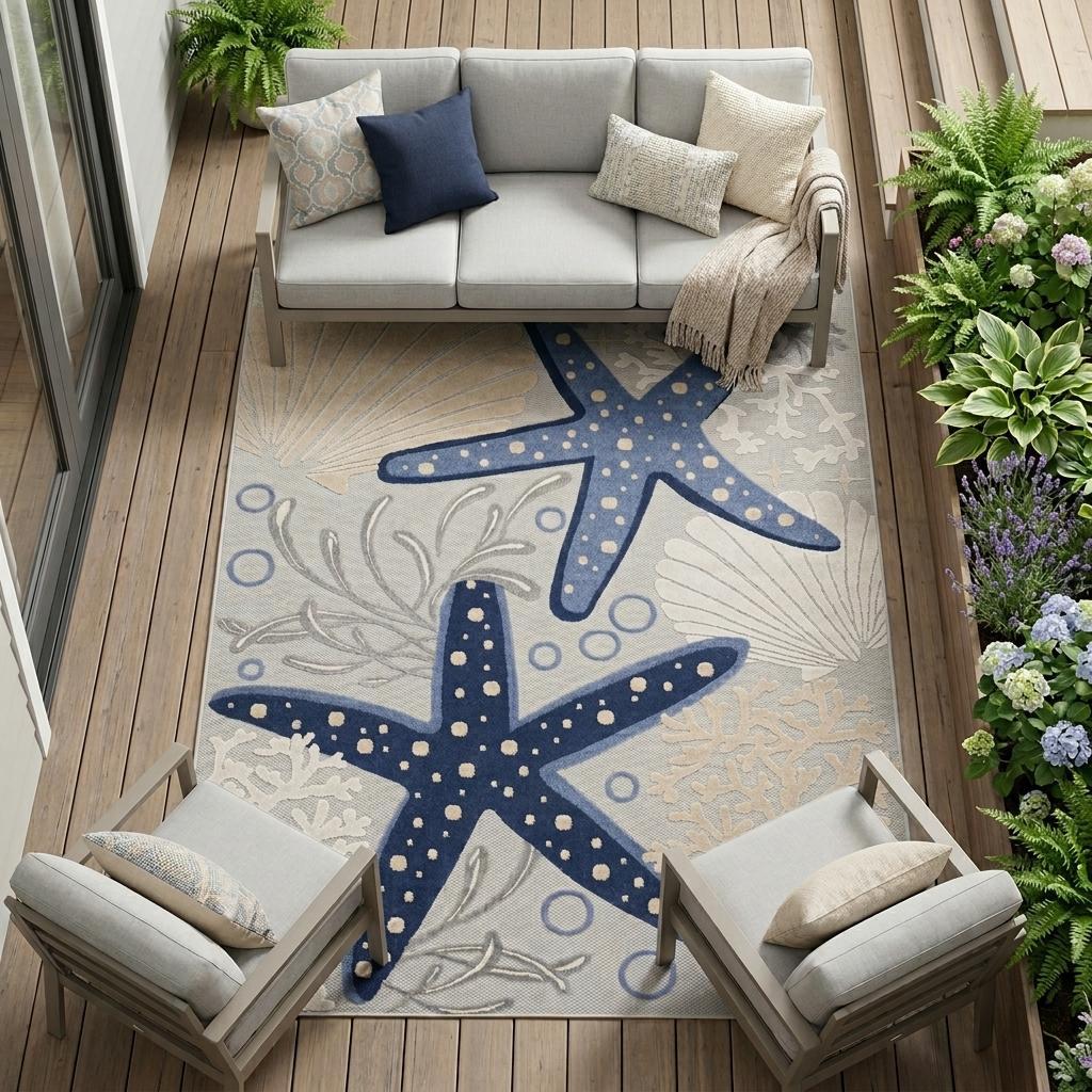9' X 12' Blue And Gray Starfish Indoor Outdoor Area Rug - Outdoor