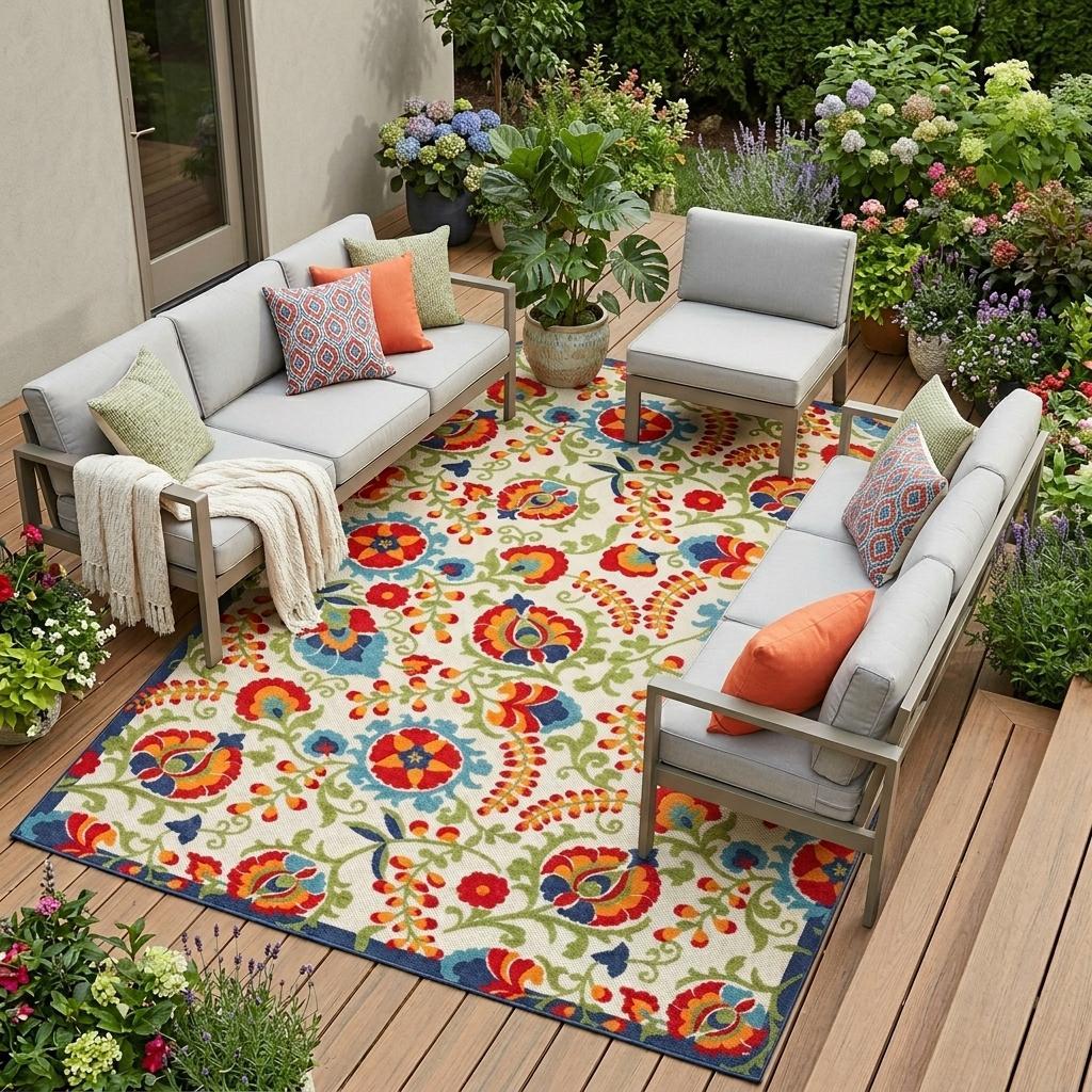 12' X 15' Ivory Blue And Orange Indoor Outdoor Area Rug - Outdoor