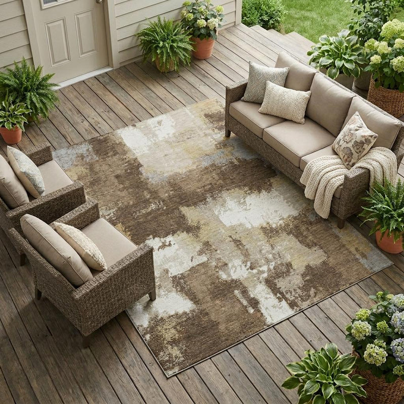 Abstract area rug with large cream and dark brown distressed block pattern, flat weave