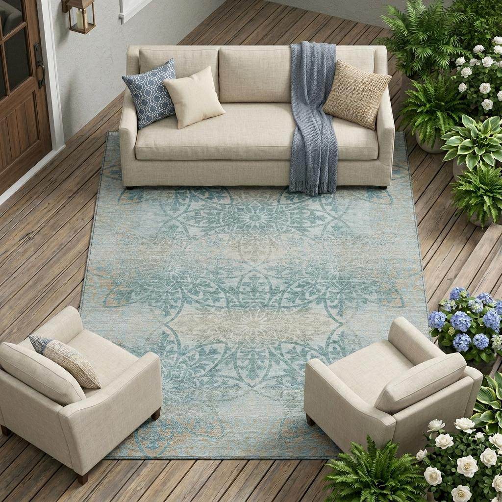 10' X 14' Teal Blue And Silver Oriental Washable Indoor Outdoor Area Rug - Sports & Outdoor