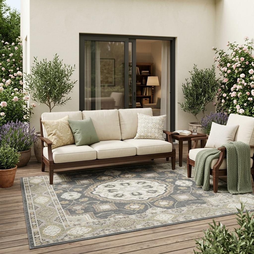 Indoor outdoor area rug with graphite and gray floral medallion and decorative border