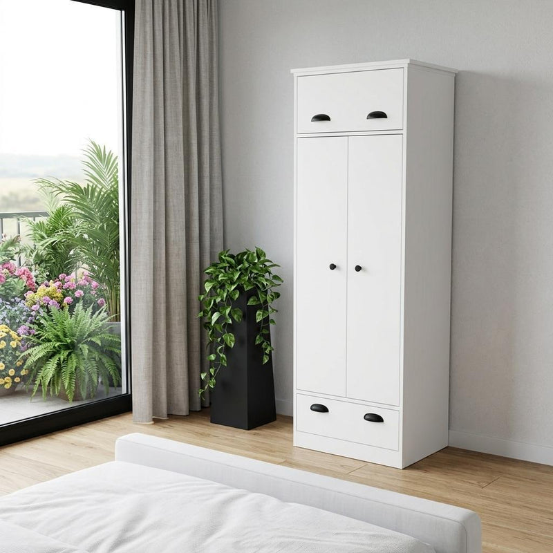 White wood combo dresser cabinet with two doors and two drawers, black pulls