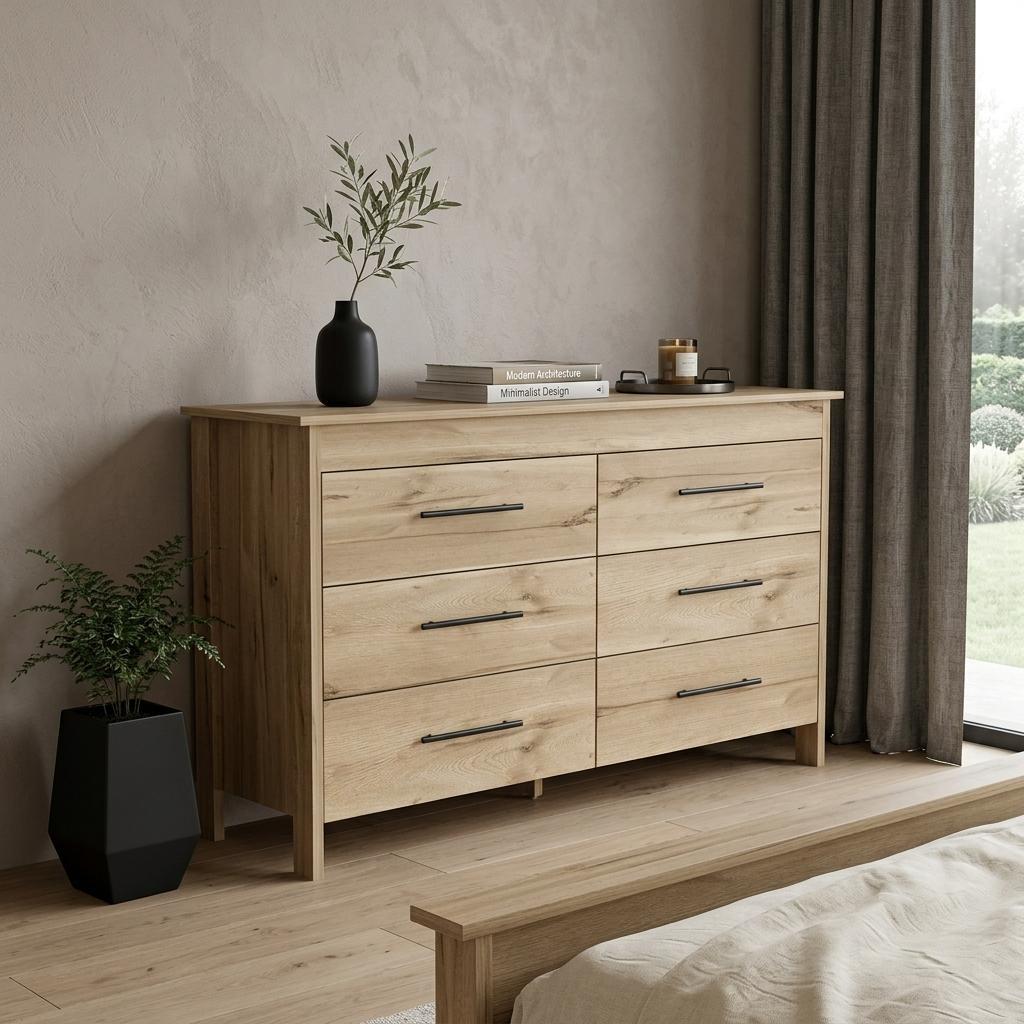 59" Natural And Black Wood Six Drawer Double Dresser - Bed & Bath