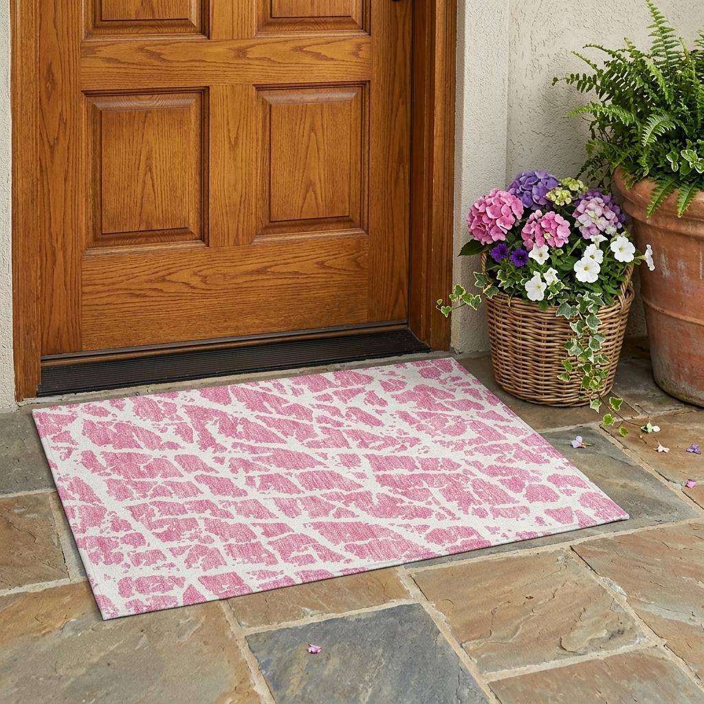 2' X 3' Pink and Ivory Abstract Washable Non Skid Indoor Outdoor Area Rug - Sports & Outdoor
