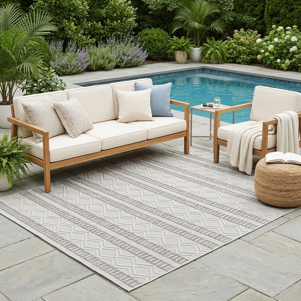 5' X 8' Beige And Gray Striped Distressed Indoor Outdoor Area Rug - Outdoor