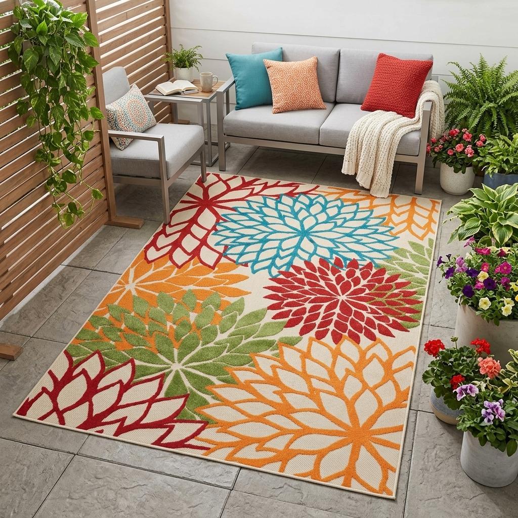 4' X 6' Green And Ivory Floral Indoor Outdoor Area Rug - Outdoor