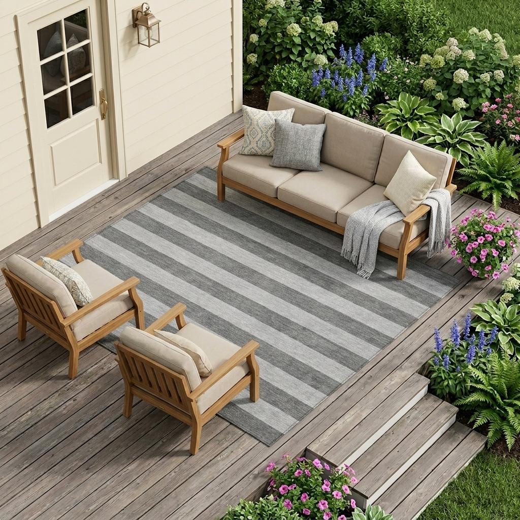 9' X 12' Gray and White Striped Washable Non Skid Indoor Outdoor Area Rug - Outdoor